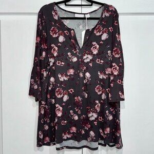 NWT Rachel Ashwell Grey with Pinks Floral V-Neck 3/4 Sleeve Top
